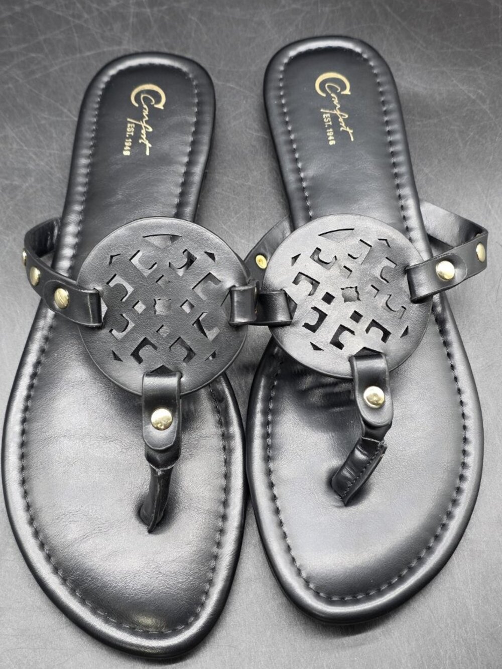 Comfort Sandals Womens Size 11 Black Thong Medallion Studded Flat Shoes
